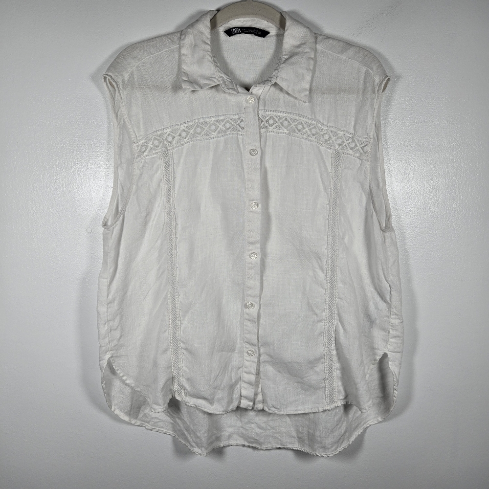 Zara White 100% Linen Crochet Lace Eyelet Sleeveless Button Down Top Size Large